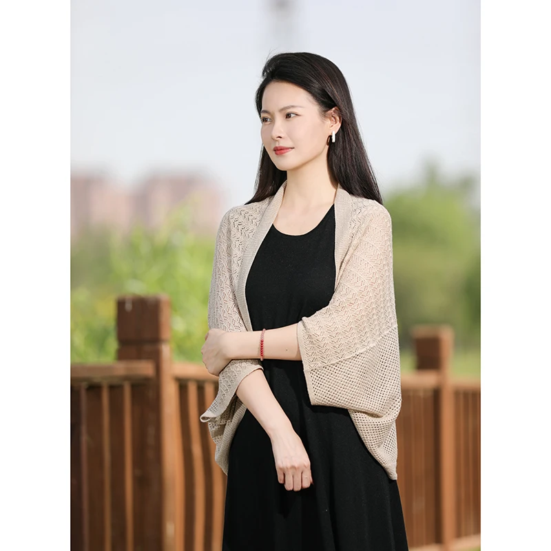 针织袖口披肩女镂空外搭桑蚕丝山羊绒宽松薄款夏季防晒衫空调围巾
