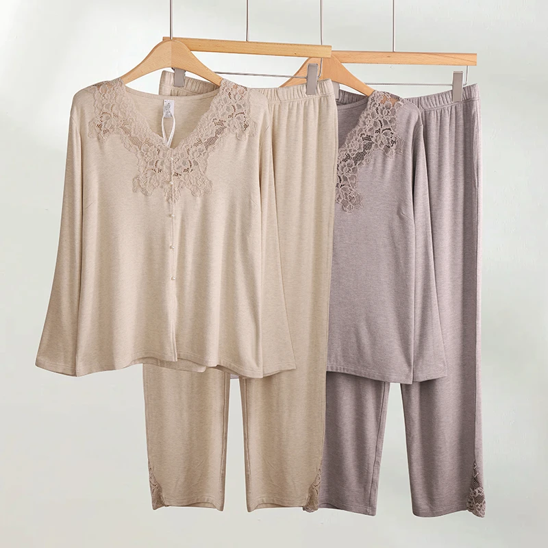 西子/棉混纺V领手剪蕾丝弹力睡衣套装家居服套装/JJKX0030