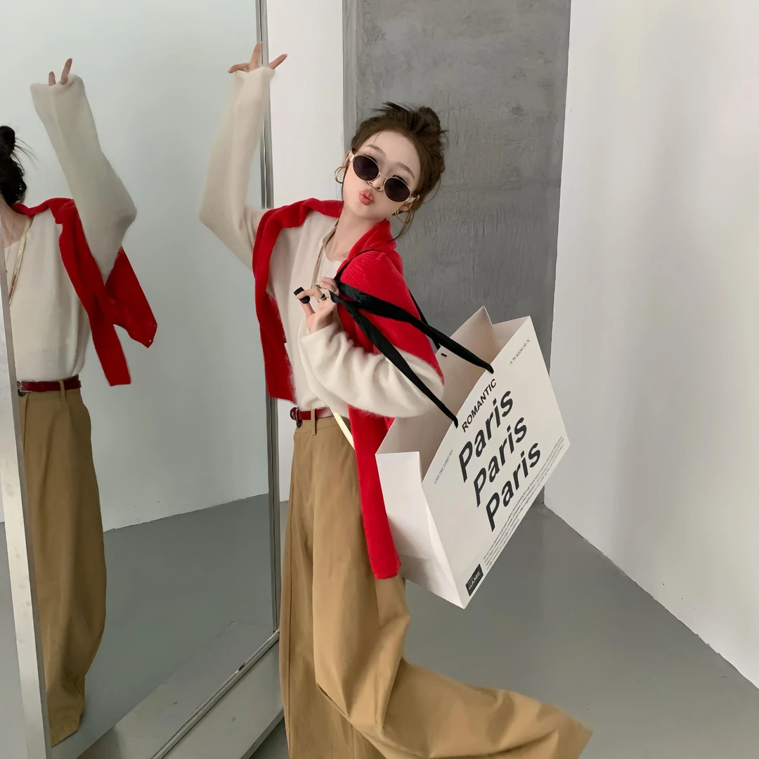 2025秋季新款韩系气质圆领针织衫披肩上衣女高腰百搭休闲裤两件套