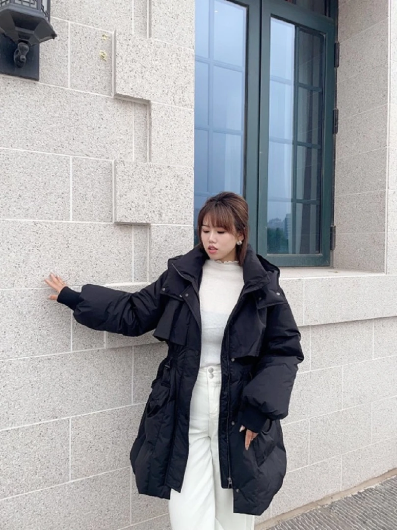 【PSX-2199】面包服派克服中长款冬季保暖拼接女短款连帽黑色韩版