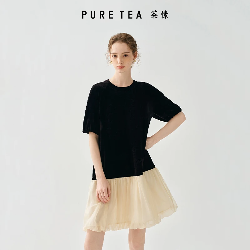 【浪漫千金】茶愫静奢撞料柯根纱花苞裙连衣裙25夏新KD4902D21