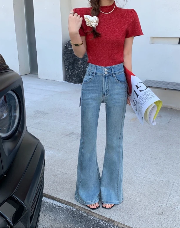 高端设计感高腰显瘦水洗复古喇叭裤高弹修身拖地牛仔裤女