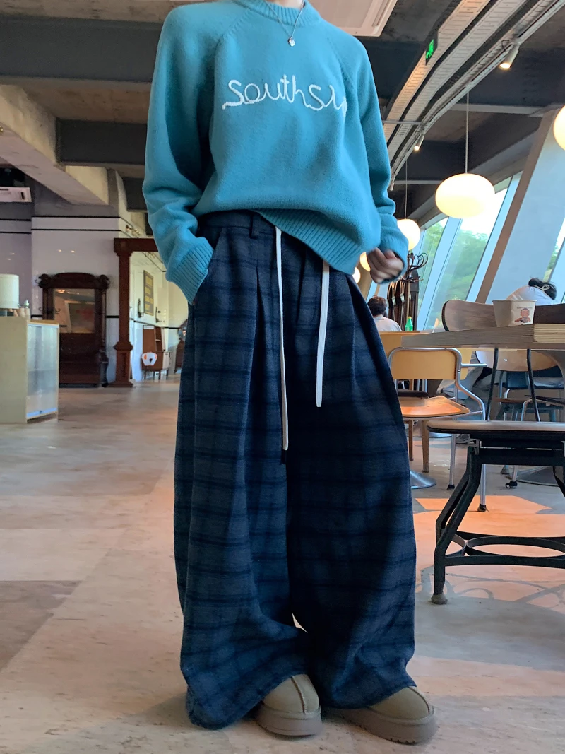 【蛋蛋专属】新款宽松休闲慵懒风直筒裤女百搭羊毛格纹休闲长裤
