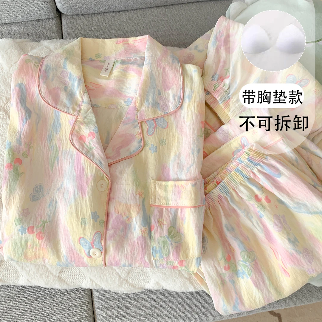 【链接有胸垫版可选】大码睡衣女短袖三件套甜美宽松家居服可外穿