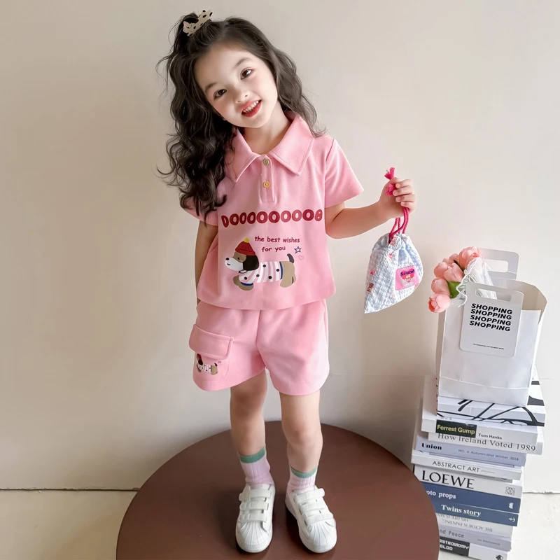 女童夏季套装2025新款腊肠狗印花中大童儿童POLO领休闲运动两件套
