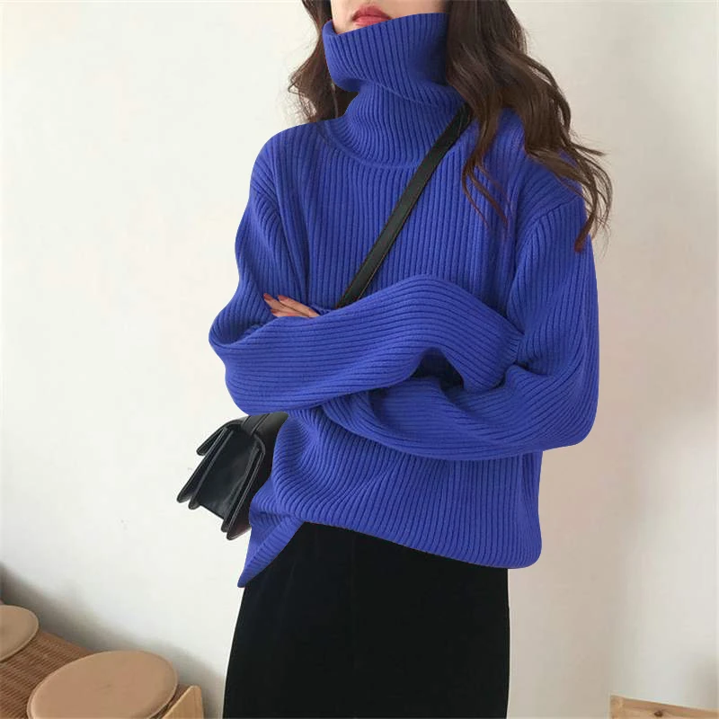 高领毛衣女冬季慵懒宽松套头坑条时髦洋气毛衣加厚款内搭女打底衫