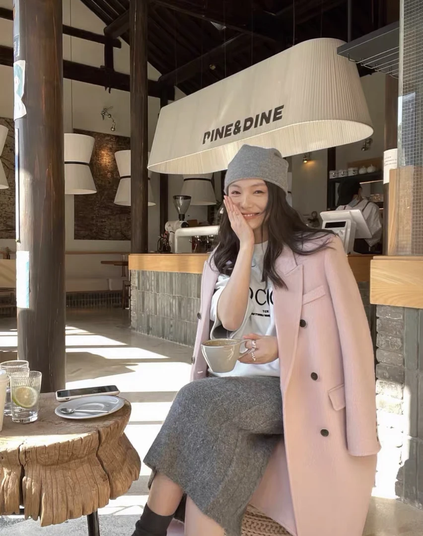 24373灰色毛呢大衣女高级感2025春秋新款正肩韩版加厚西装呢子