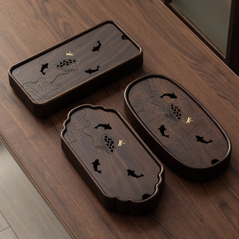 当代 黑檀木陶瓷实木茶盘桌面沥水荷塘月色小型家用储水干泡茶台