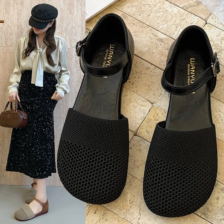 2025新款一字式扣带舒适百搭时尚包头软底罗马凉鞋夏浅口凉鞋女鞋