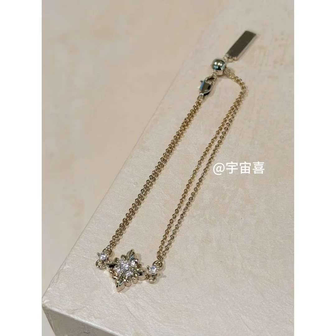 铜合金合成锆石手链 I3-281【浅金色米子花白锆双层链条抽拉手链】