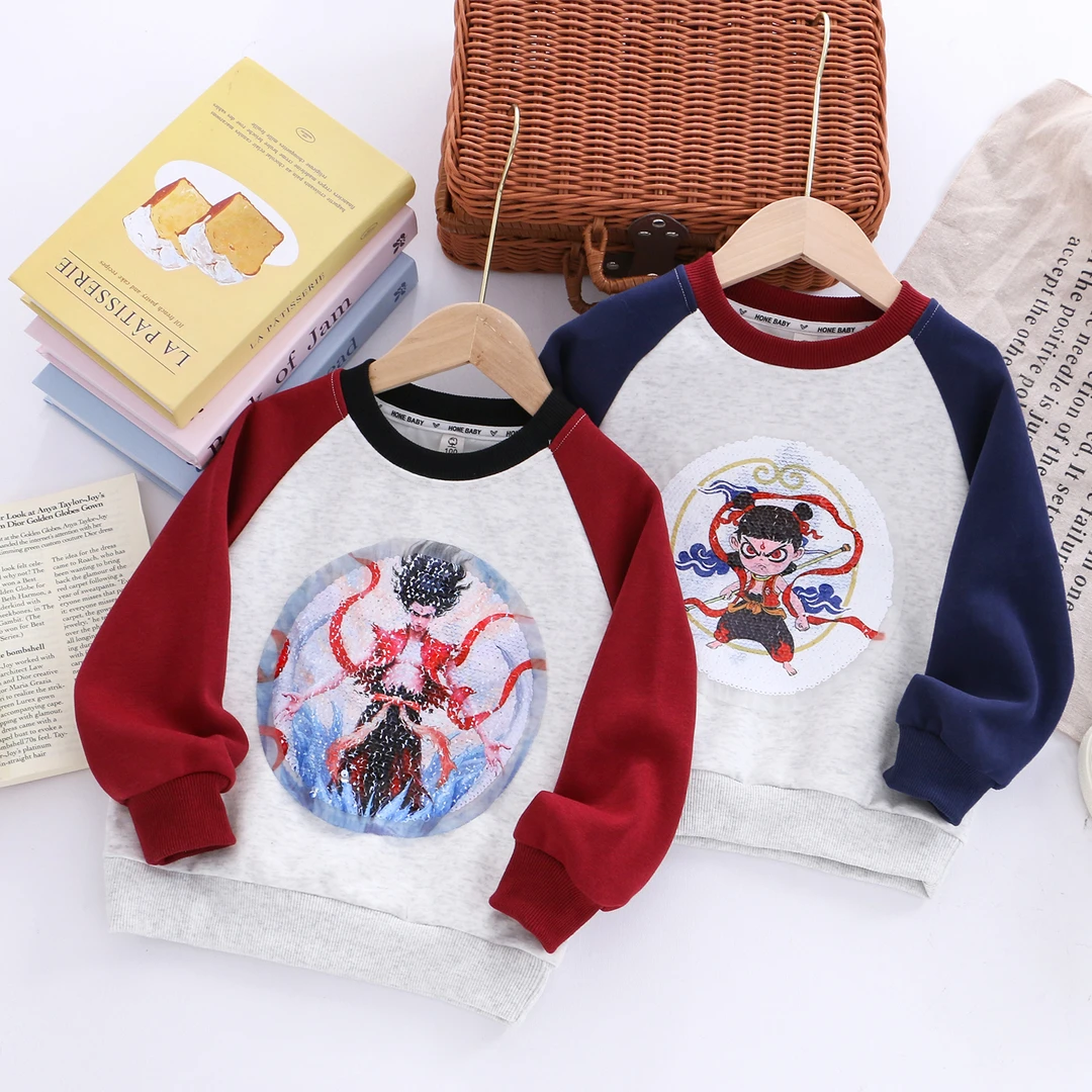 男童新款秋冬变色亮片卫衣宝宝纯棉卡通双面亮片洋气长袖上衣