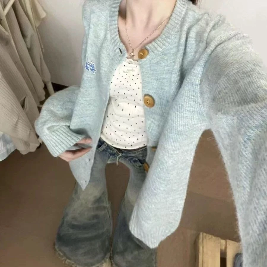 宽松型韩系开衫毛针织衫加绒加厚款毛衣针织衫针织女百搭气质