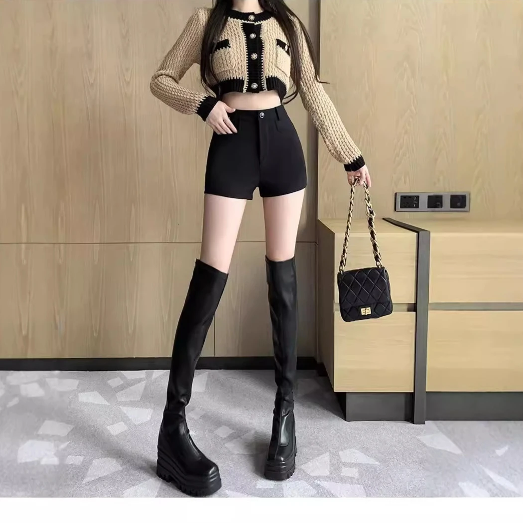 黑色性感辣妹休闲短裤女秋冬高腰修身外穿靴裤显瘦新款打底阔腿裤