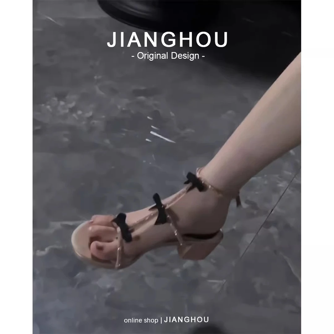 绝美粗跟凉鞋女夏天配裙子2025新款仙女风闪闪高跟鞋蝴蝶结罗马鞋