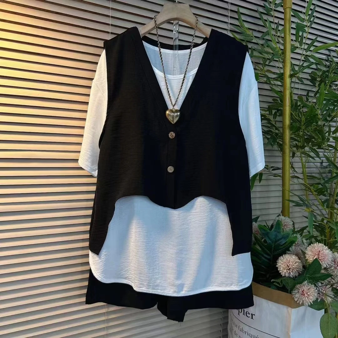 830夏季新款女三件套宽松显瘦马甲＋短袖＋短裤休闲套装