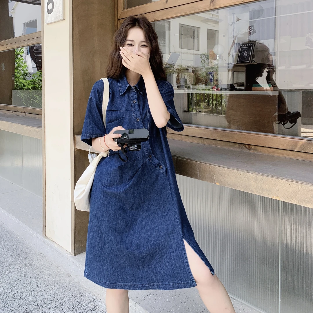 牛仔衬衫连衣裙女夏季2025新款独特漂亮小个子开叉复古港风裙子