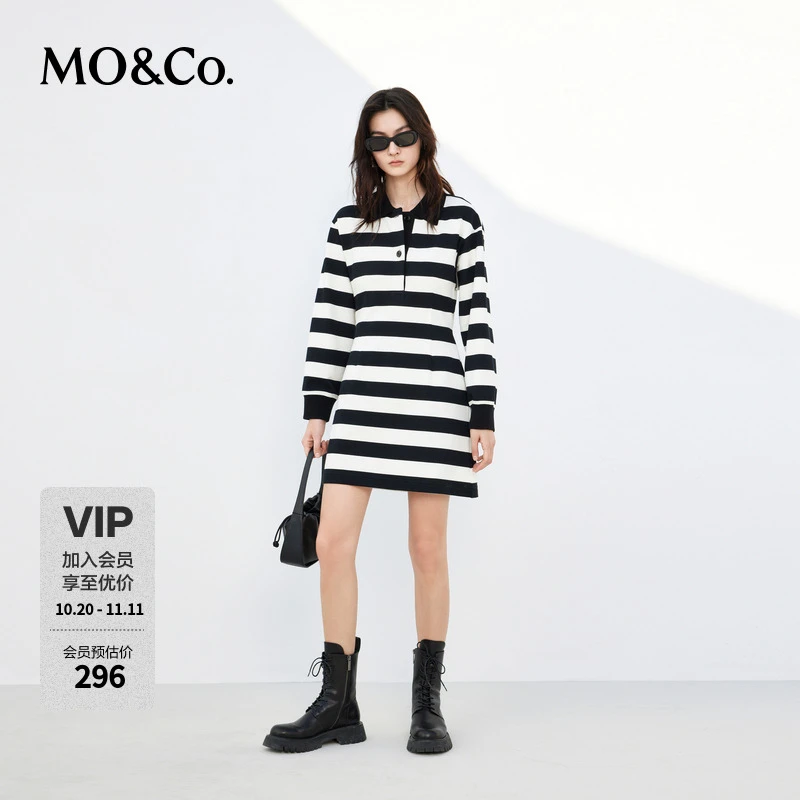 MOCO春季POLO领宽条纹露背收腰短款棉质连衣裙MBC1DRST04