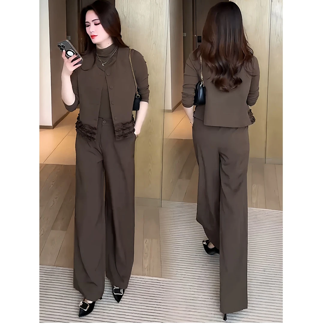 时尚套装女2025春秋减龄花边拼接马甲长袖打底衫阔腿裤气质三件套
