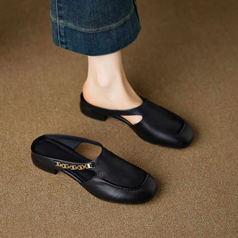 时尚法式|3cm牛皮圆头低跟包头拖鞋女穆勒外穿真皮精致外出拖鞋女