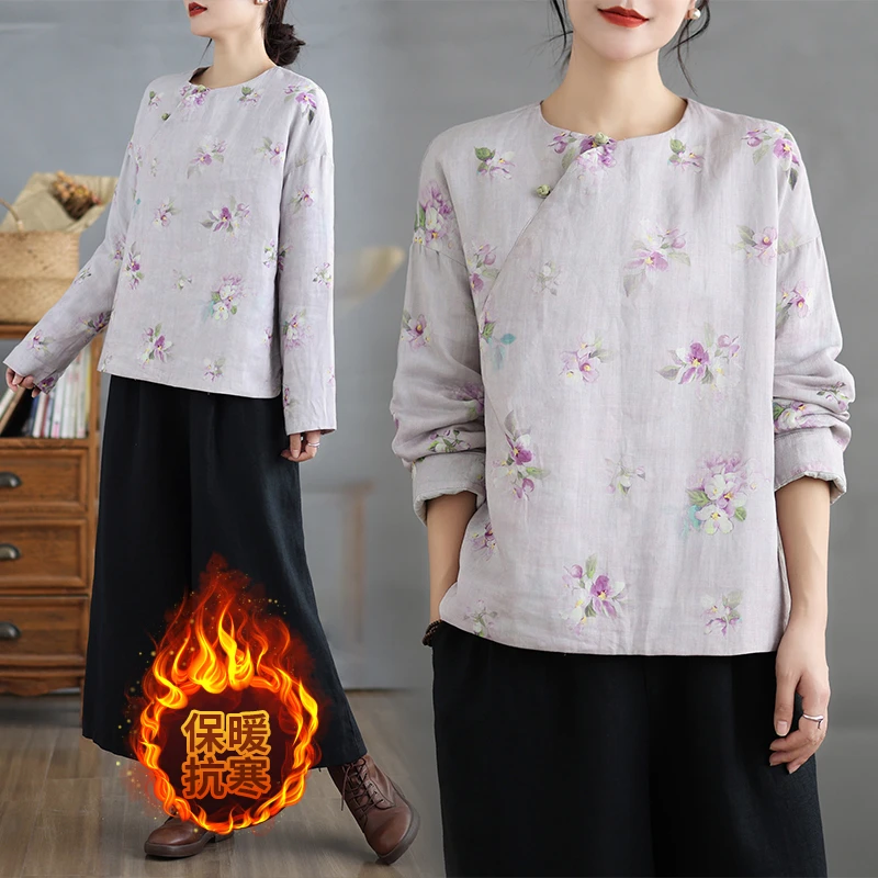 冬季新款厚棉麻印花复古圆领盘扣夹棉短款上衣