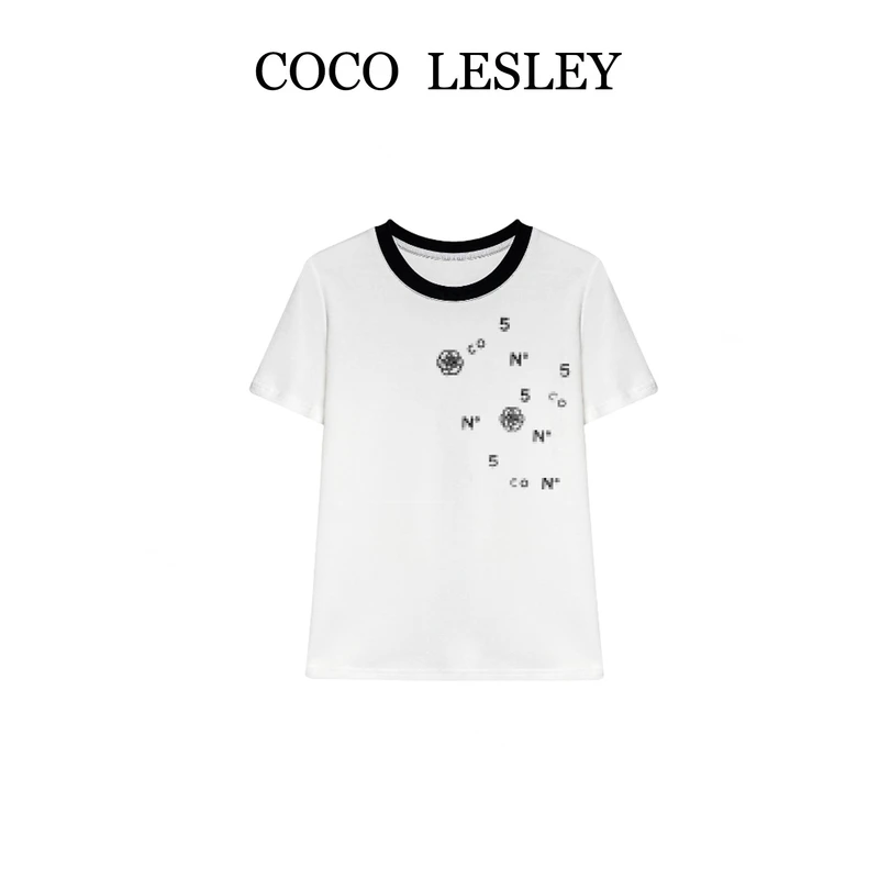 【COCO LESLEY】#66920#轻奢拼接字母印花T恤衫2025夏百搭个性上衣