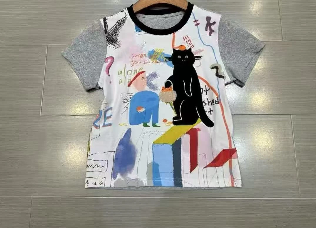 深圳南油高货原创88趣味高级显瘦修身插肩袖小黑猫短袖宽松T恤