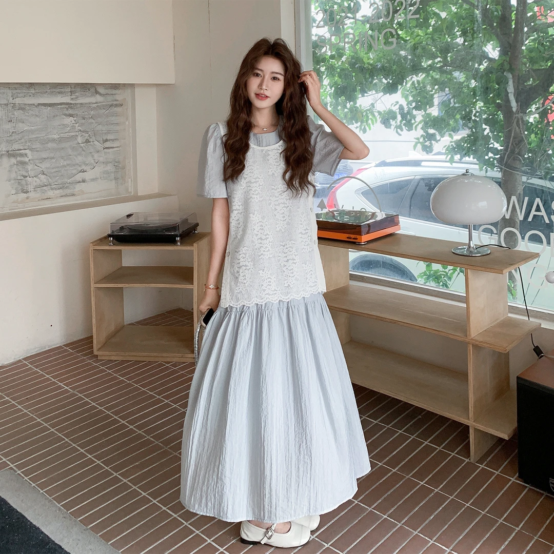 叠穿蕾丝套装裙女夏季2025新款韩系气质减龄背心马甲连衣裙两件套