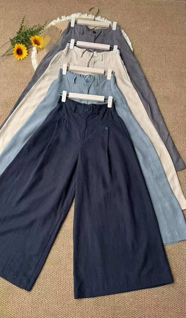 砂洗苎麻阔腿裤夏女宽松显瘦透气休闲百搭垂感时尚裤长100cm左右