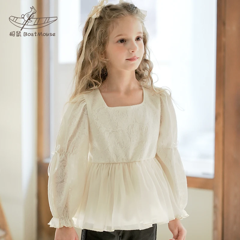 船鼠女童t恤长袖春季 儿童娃娃衫蕾丝网纱下摆洋气女孩女宝宝上衣