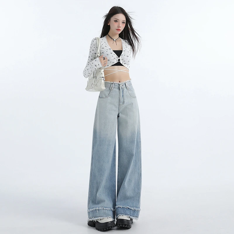 新款渐变蓝色直筒牛仔裤女复古毛边设计宽松阔腿长裤子