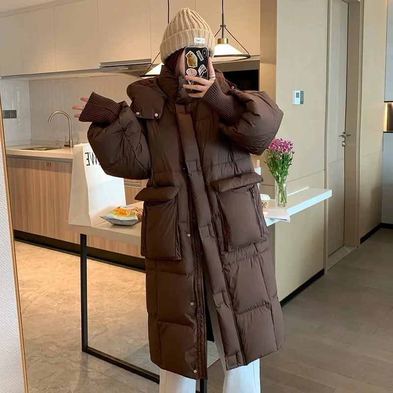 【冬日暖阳】90鸭绒加厚过膝休闲百搭连帽韩版鸭绒羽绒服冬季22410