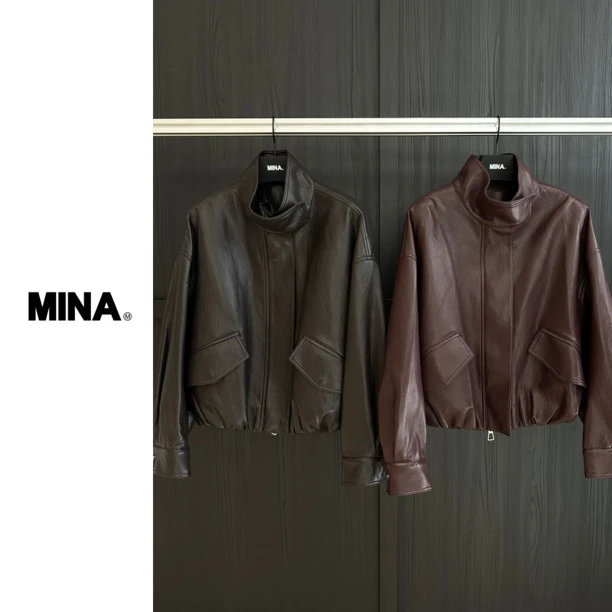 【MINA】立领极简风立领插肩袖皮衣秋冬
