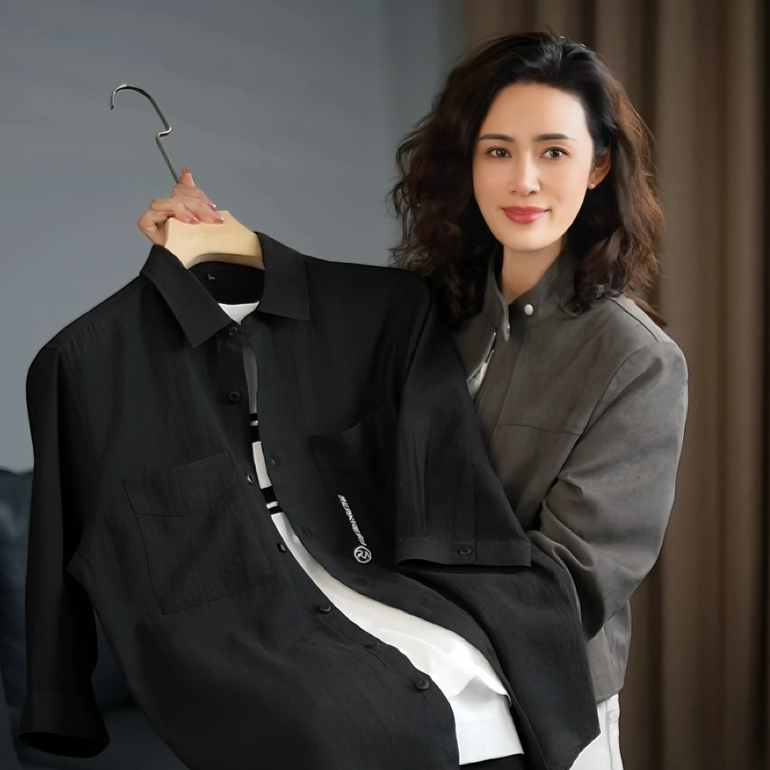 男士夏季凉感天丝中袖衬衫百搭舒适透气慵懒风翻领男款衬衫6981