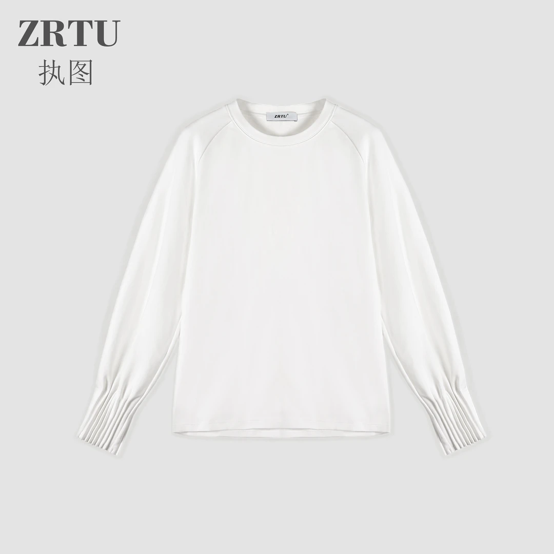 ZRTU 2025款圆领长袖套头宽松T恤纯色收缩长袖上衣T恤