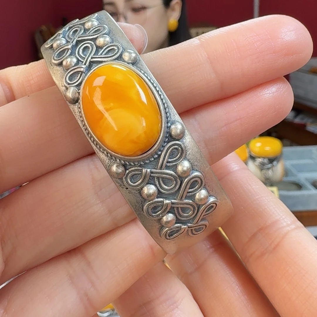 蜜蜡银S925镶嵌手链手镯