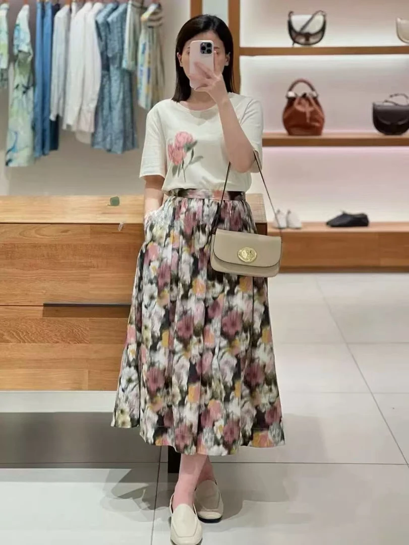 油画艺术印花A字伞裙 轻盈舒适皱皱半身裙中长裙1260