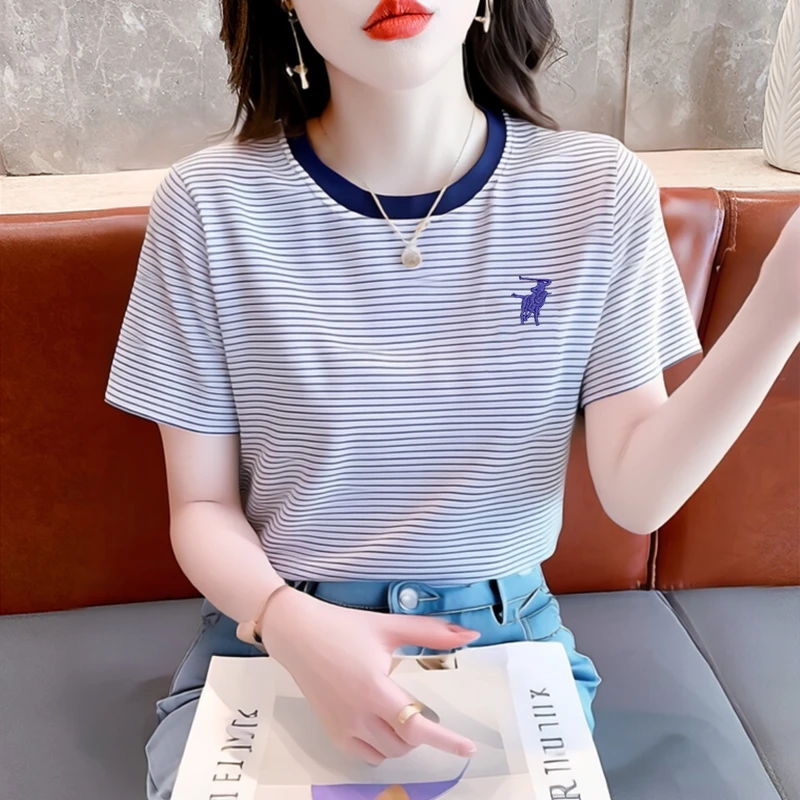 纯棉条纹短袖t恤女宽松年夏季百搭打底衫体恤时尚显瘦刺绣上衣02