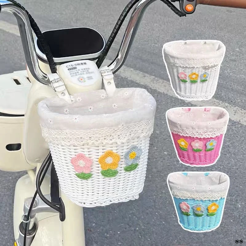 小清新花朵电动车前置挂包杂物收纳篮大容量编织车筐可爱自行车前