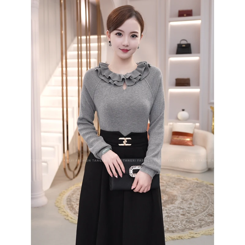 2026秋冬爆款【8589】含绵羊毛花边领设计小众灰色打底针织衫毛衣女