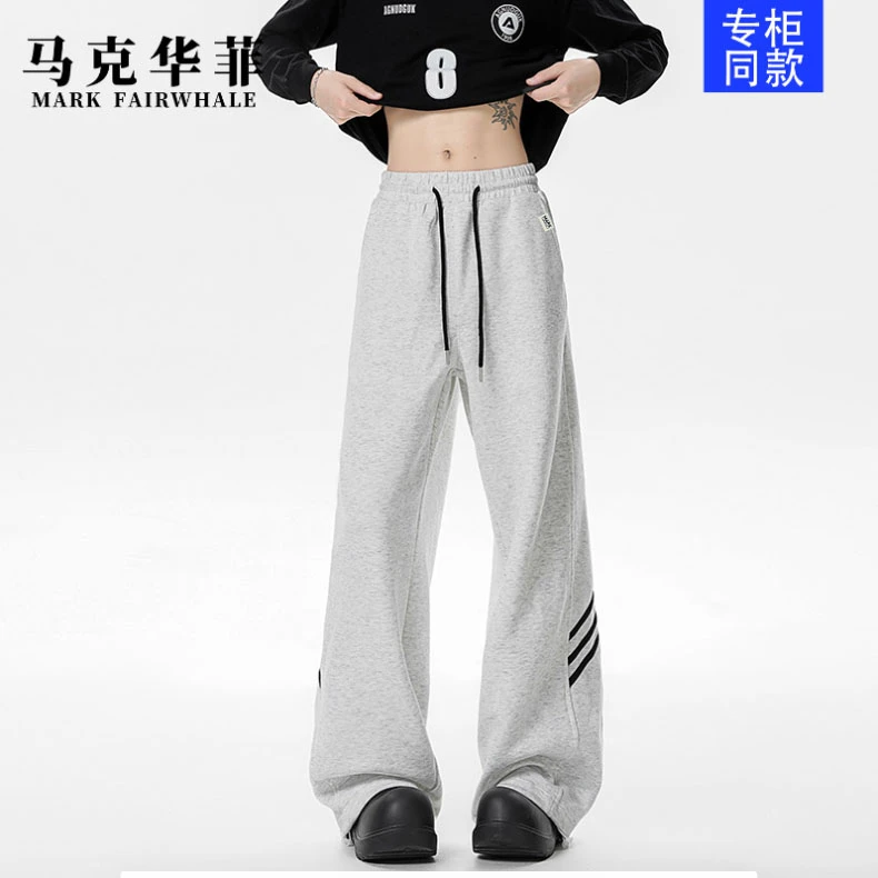 马克华菲秋季舒适运动裤美式ins暗黑慵懒风宽松三条织带休闲裤针