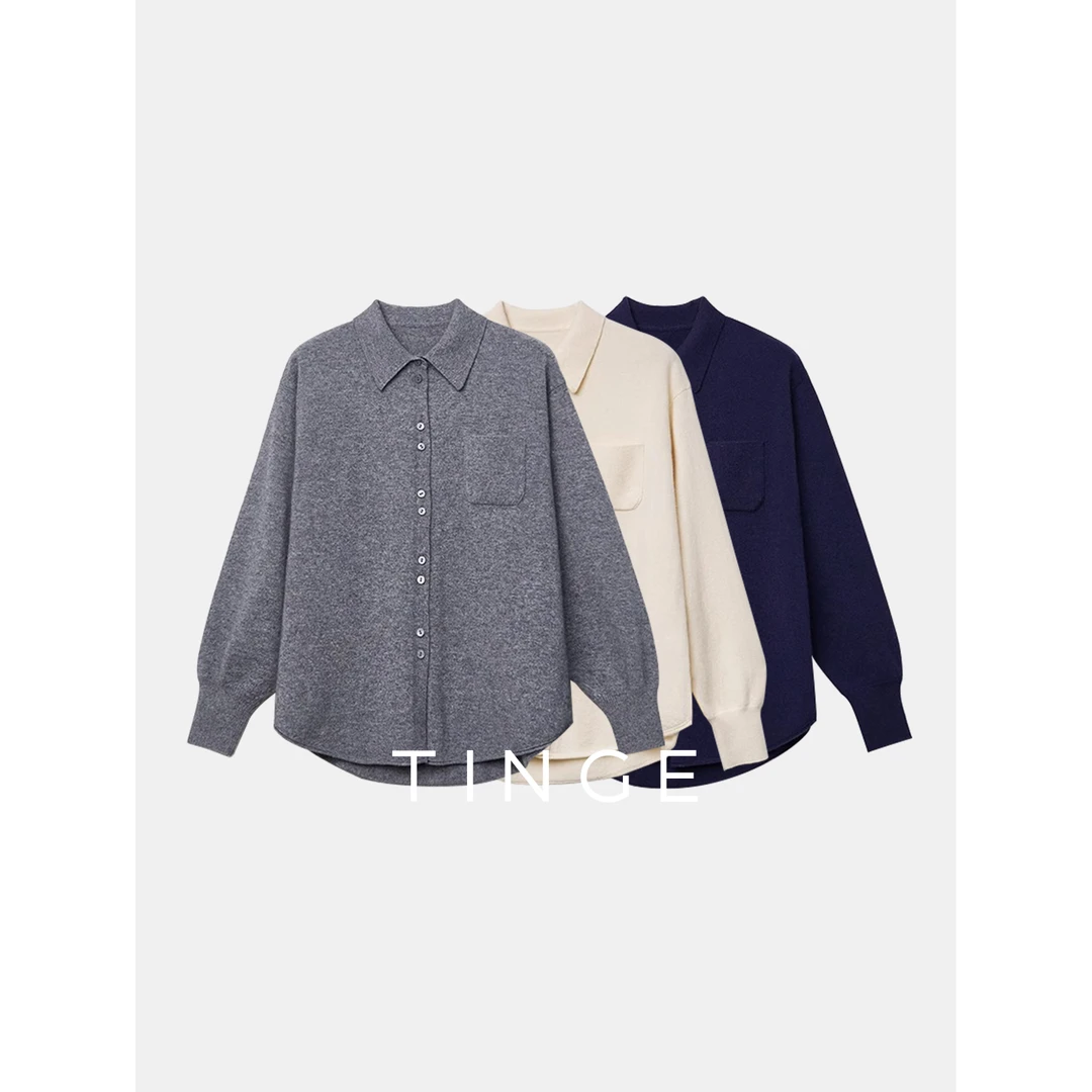 贴己100%美利奴羊毛Polo领针织衫秋冬新款开衫知识分子衬衫