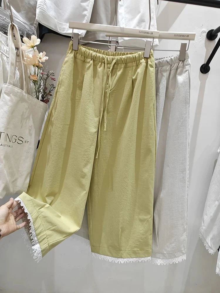 夏季薄款休闲显瘦蕾丝花边拼接九分直筒阔腿女裤