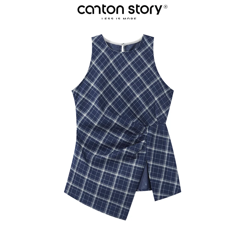 羊城故事 法式复古格子无袖上衣 Y24Y07x无袖褶皱格子背心x2230