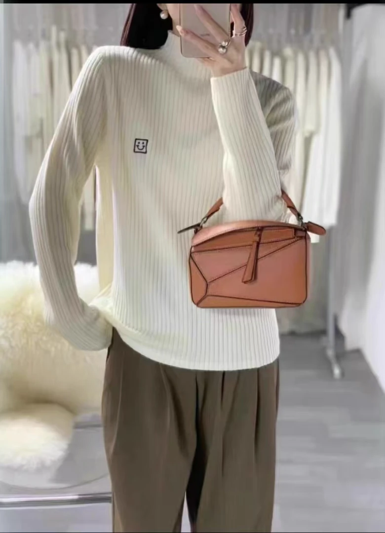 6029-笑脸半高领毛衣女加绒打底衫2024秋冬新款针织衫加厚上衣