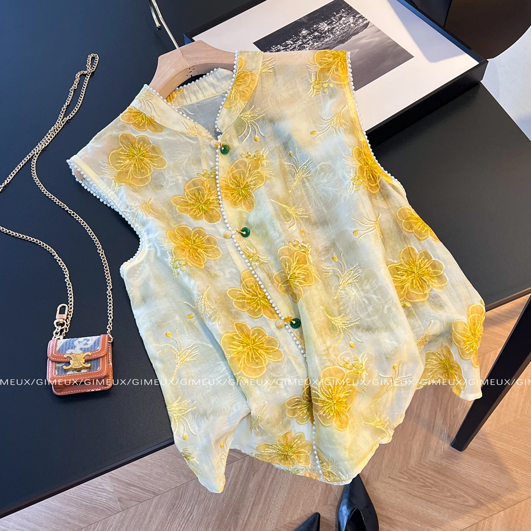 新中式国风重工刺绣马甲女2025新款夏季轻奢外穿衬衫坎肩上衣