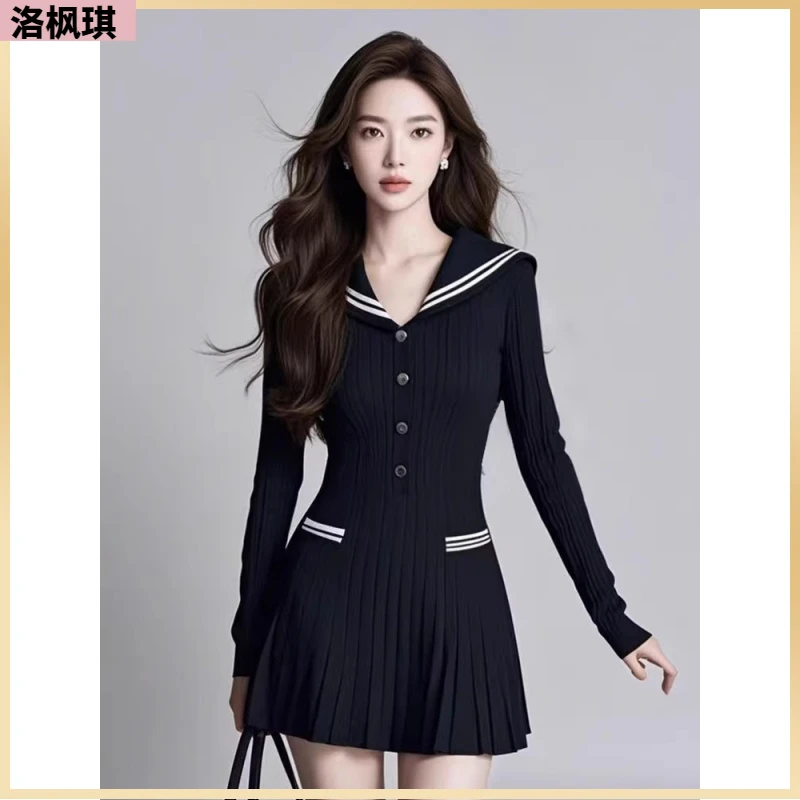 I2025春季新款独特漂亮气质收腰海军领针织打底内搭连衣裙子女装l