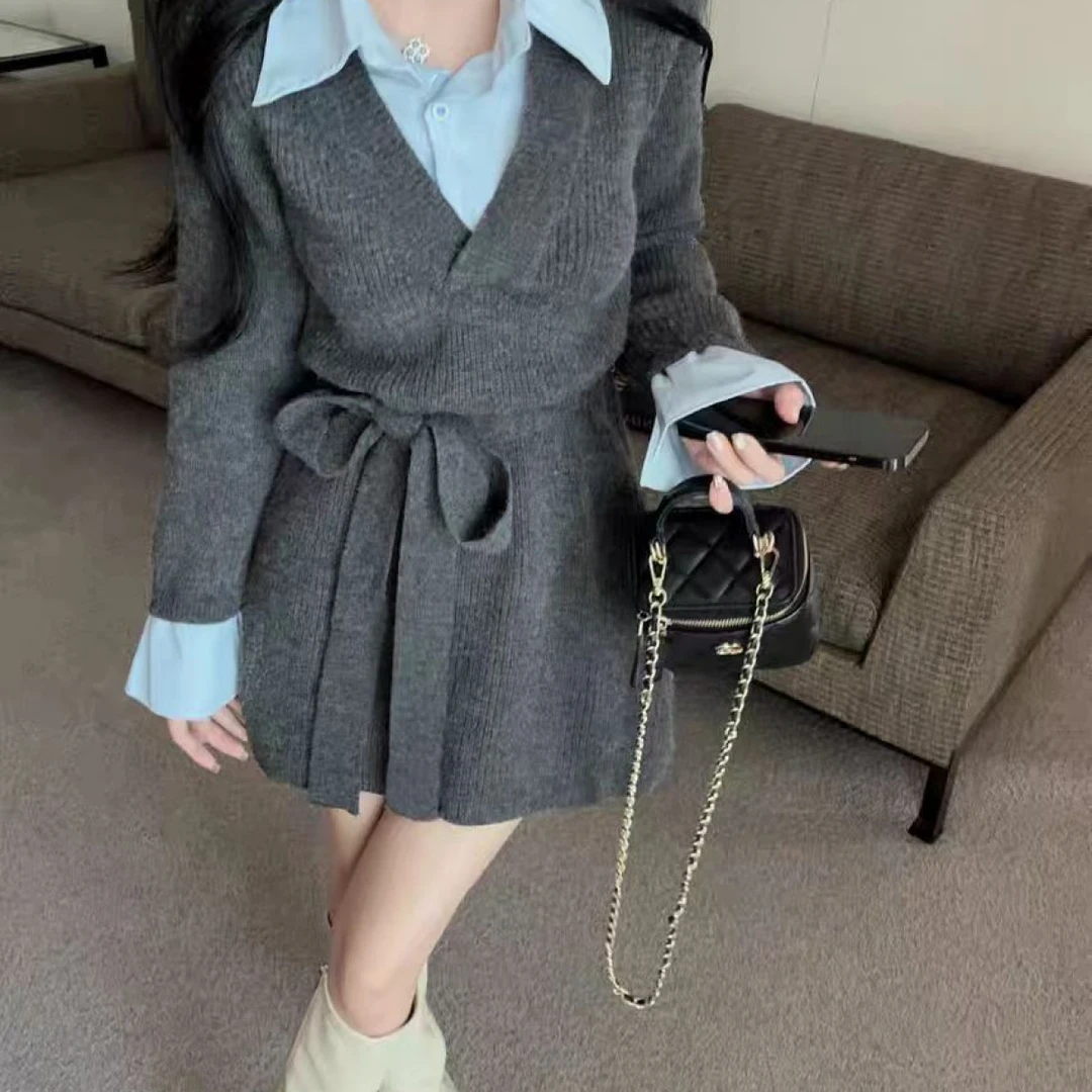 设计感衬衫领拼接假两件针织衫连衣裙女秋冬宽松系带中长款毛衣裙