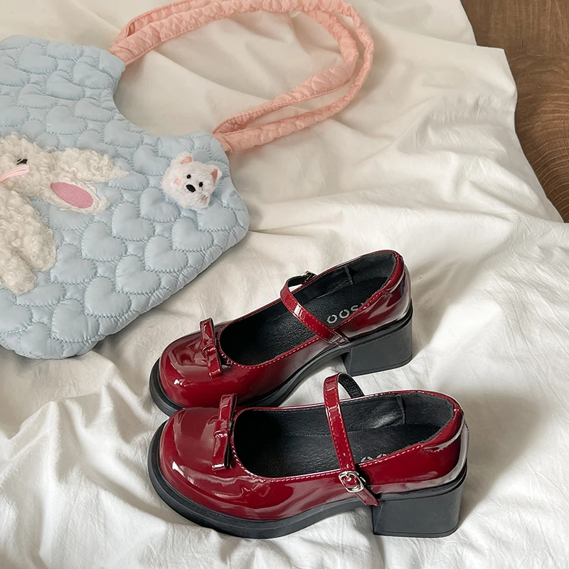 御姐气质配裙子红色玛丽珍鞋女2025新款夏季蝴蝶结一字扣浅口单鞋