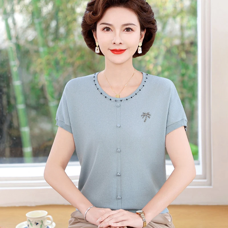 2025新款中年妈妈夏装洋气上衣50岁中老年女冰丝薄款t恤衫时尚衫