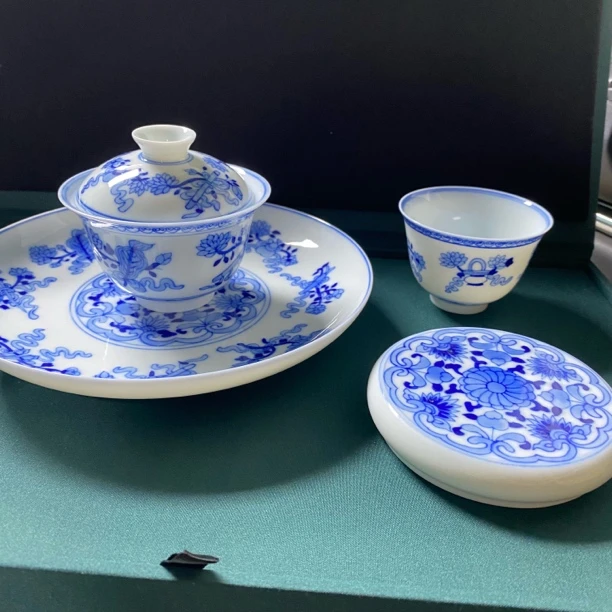 青花八宝套组茶具景德镇手绘陶瓷壶承盖碗杯子盖置家用